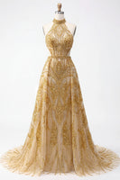 Laden Sie das Bild in den Galerie-Viewer, Glitzerndes goldenes Halter A-Line Hollow Long Prom Kleid mit Perlen