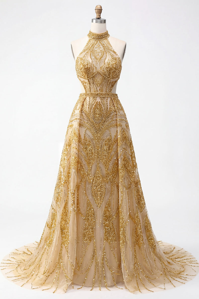 Laden Sie das Bild in den Galerie-Viewer, Glitzerndes goldenes Halter A-Line Hollow Long Prom Kleid mit Perlen