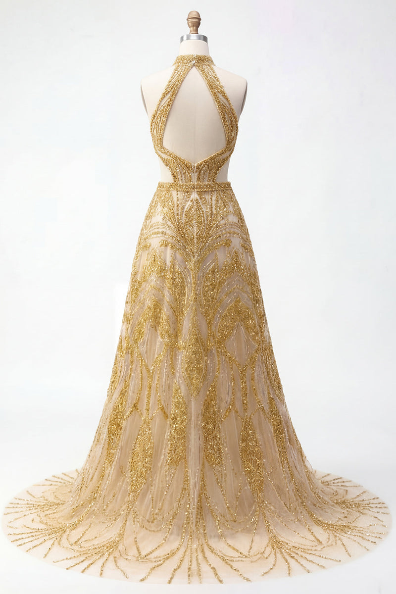 Laden Sie das Bild in den Galerie-Viewer, Glitzerndes goldenes Halter A-Line Hollow Long Prom Kleid mit Perlen