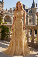 Laden Sie das Bild in den Galerie-Viewer, Glitzerndes goldenes Halter A-Line Hollow Long Prom Kleid mit Perlen