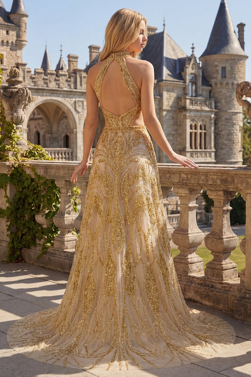 Laden Sie das Bild in den Galerie-Viewer, Glitzerndes goldenes Halter A-Line Hollow Long Prom Kleid mit Perlen
