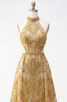 Laden Sie das Bild in den Galerie-Viewer, Glitzerndes goldenes Halter A-Line Hollow Long Prom Kleid mit Perlen