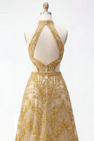 Laden Sie das Bild in den Galerie-Viewer, Glitzerndes goldenes Halter A-Line Hollow Long Prom Kleid mit Perlen