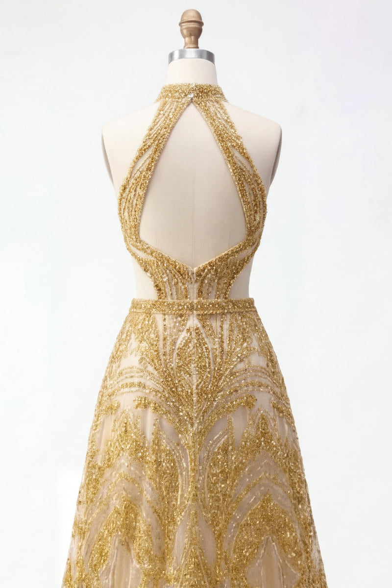 Laden Sie das Bild in den Galerie-Viewer, Glitzerndes goldenes Halter A-Line Hollow Long Prom Kleid mit Perlen