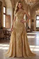 Laden Sie das Bild in den Galerie-Viewer, Glitzerndes goldenes Meerjungfrauenkleid mit einer Schulter und langem Abschlussball mit Kapellenschleppe