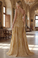 Laden Sie das Bild in den Galerie-Viewer, Glitzerndes goldenes Meerjungfrauenkleid mit einer Schulter und langem Abschlussball mit Kapellenschleppe