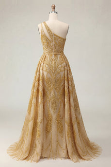 Glitzerndes goldenes Meerjungfrauenkleid mit einer Schulter und langem Abschlussball mit Kapellenschleppe