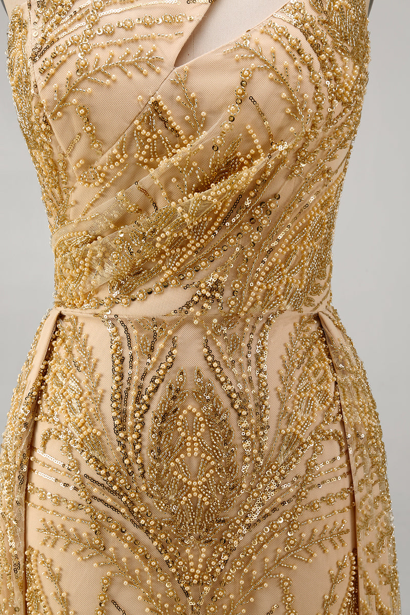 Laden Sie das Bild in den Galerie-Viewer, Glitzerndes goldenes Meerjungfrauenkleid mit einer Schulter und langem Abschlussball mit Kapellenschleppe