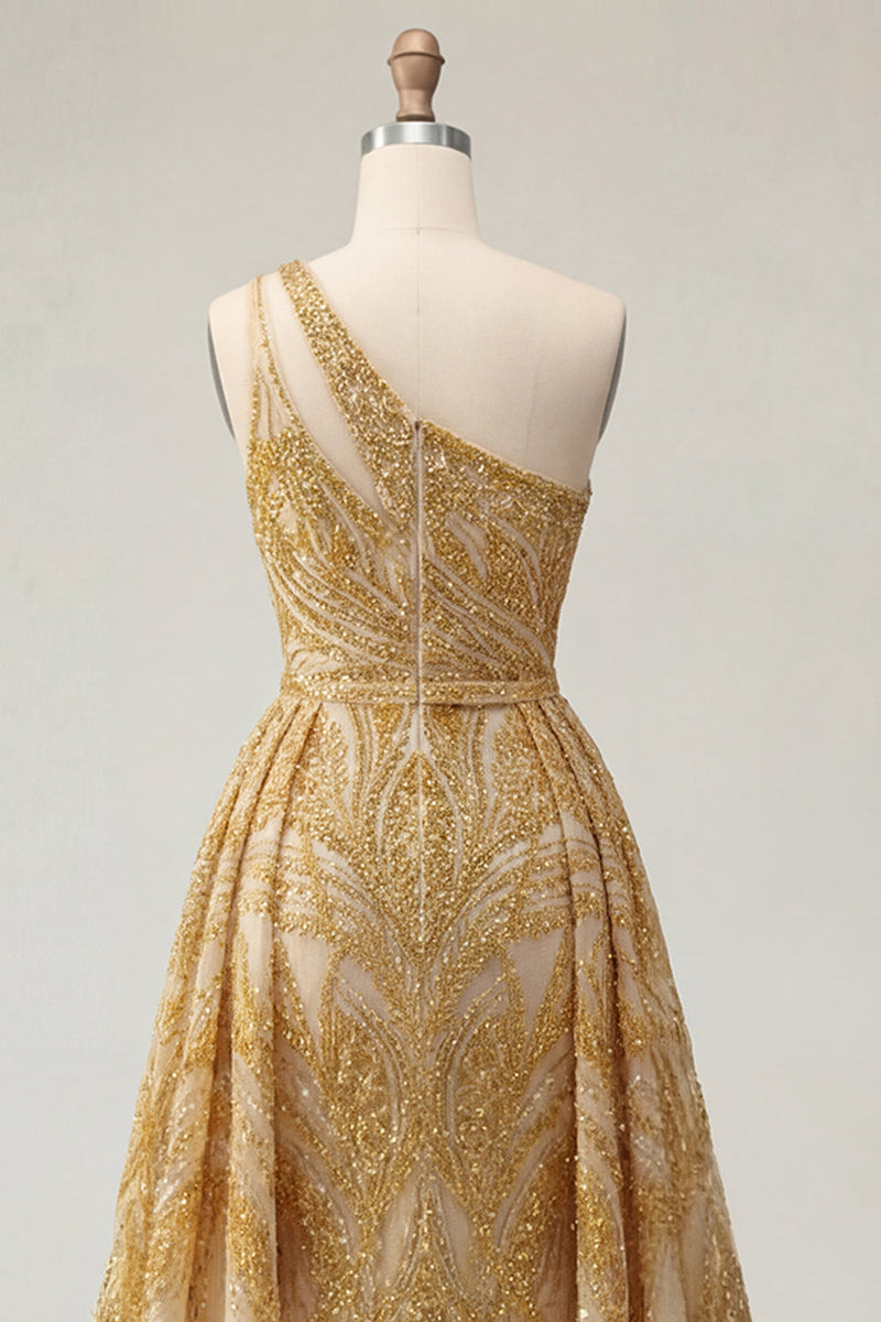Laden Sie das Bild in den Galerie-Viewer, Glitzerndes goldenes Meerjungfrauenkleid mit einer Schulter und langem Abschlussball mit Kapellenschleppe