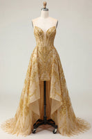 Laden Sie das Bild in den Galerie-Viewer, Glitzerndes goldenes Sweetheart Bodycon-Korsett, mit Perlen, Mini-Abschlussballkleid mit Rüschen Kapellenschleppe