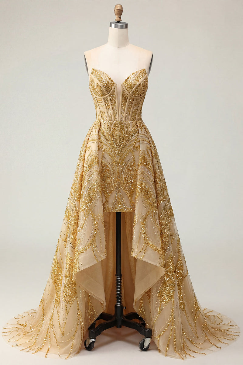 Laden Sie das Bild in den Galerie-Viewer, Glitzerndes goldenes Sweetheart Bodycon-Korsett, mit Perlen, Mini-Abschlussballkleid mit Rüschen Kapellenschleppe