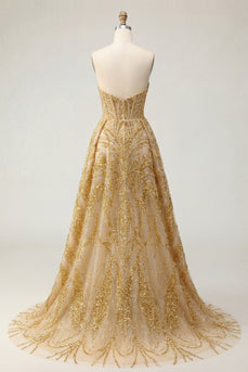 Glitzerndes goldenes Sweetheart Bodycon-Korsett, mit Perlen, Mini-Abschlussballkleid mit Rüschen Kapellenschleppe