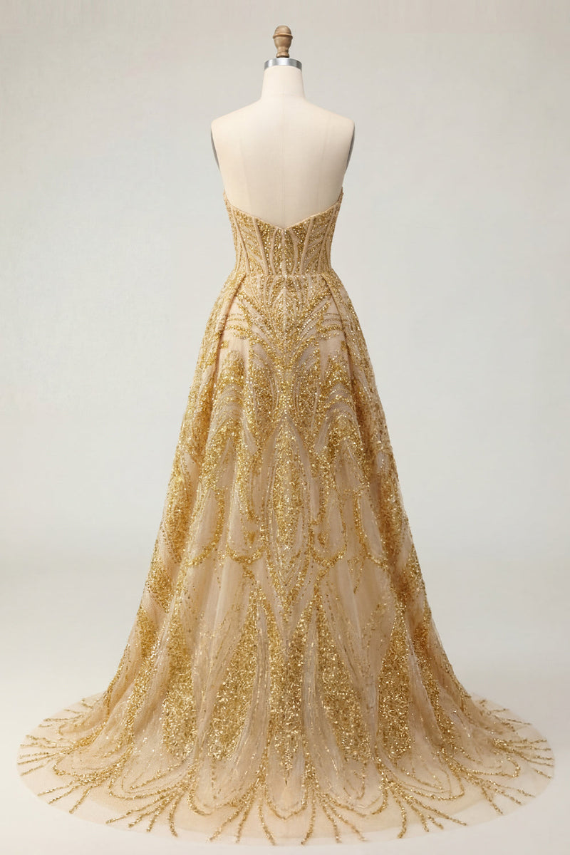 Laden Sie das Bild in den Galerie-Viewer, Glitzerndes goldenes Sweetheart Bodycon-Korsett, mit Perlen, Mini-Abschlussballkleid mit Rüschen Kapellenschleppe