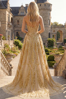 Laden Sie das Bild in den Galerie-Viewer, Glitzerndes goldenes Sweetheart Bodycon-Korsett, mit Perlen, Mini-Abschlussballkleid mit Rüschen Kapellenschleppe