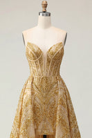 Laden Sie das Bild in den Galerie-Viewer, Glitzerndes goldenes Sweetheart Bodycon-Korsett, mit Perlen, Mini-Abschlussballkleid mit Rüschen Kapellenschleppe