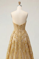 Laden Sie das Bild in den Galerie-Viewer, Glitzerndes goldenes Sweetheart Bodycon-Korsett, mit Perlen, Mini-Abschlussballkleid mit Rüschen Kapellenschleppe