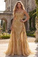 Laden Sie das Bild in den Galerie-Viewer, Glitzerndes goldenes, trägerloses Meerjungfrauen-Abschlussballkleid mit seitlichem Draper