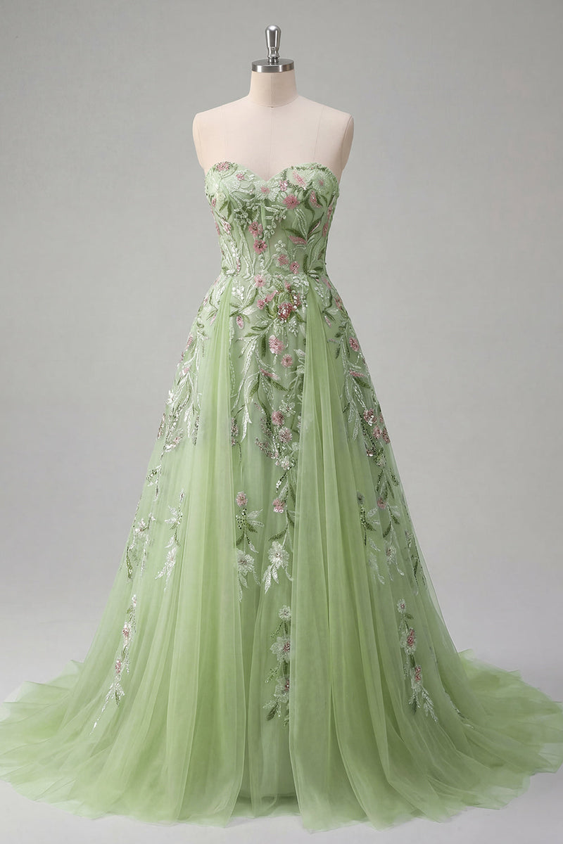 Laden Sie das Bild in den Galerie-Viewer, Trägerloses Grünes Floral Besticktes A-Linie Tüll Abschlussballkleid