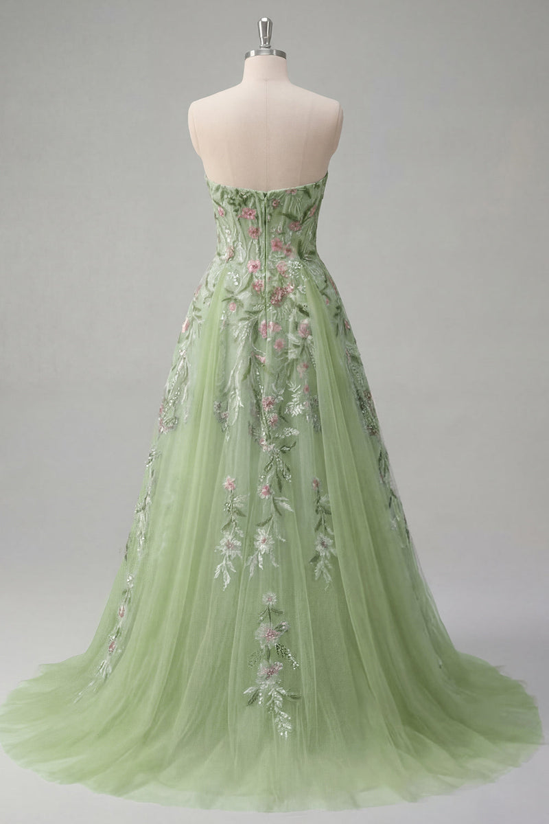Laden Sie das Bild in den Galerie-Viewer, Trägerloses Grünes Floral Besticktes A-Linie Tüll Abschlussballkleid