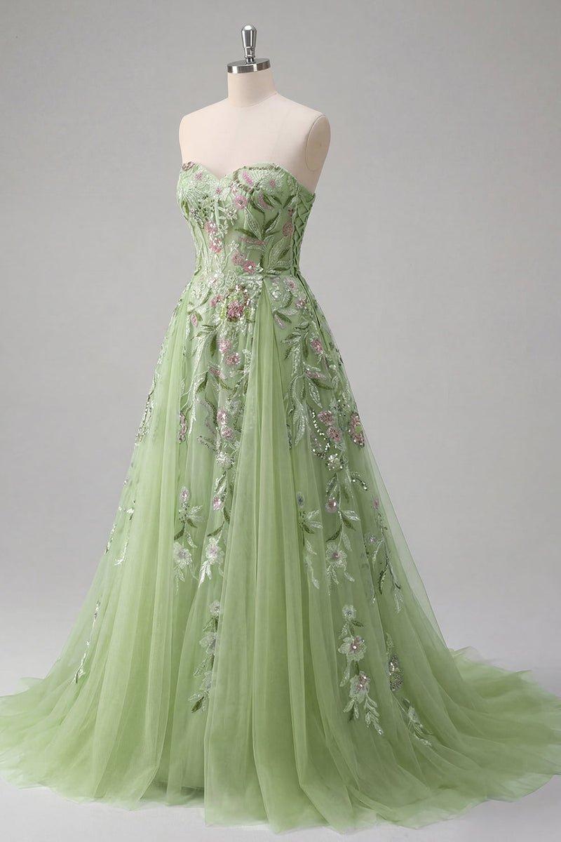 Laden Sie das Bild in den Galerie-Viewer, Trägerloses Grünes Floral Besticktes A-Linie Tüll Abschlussballkleid