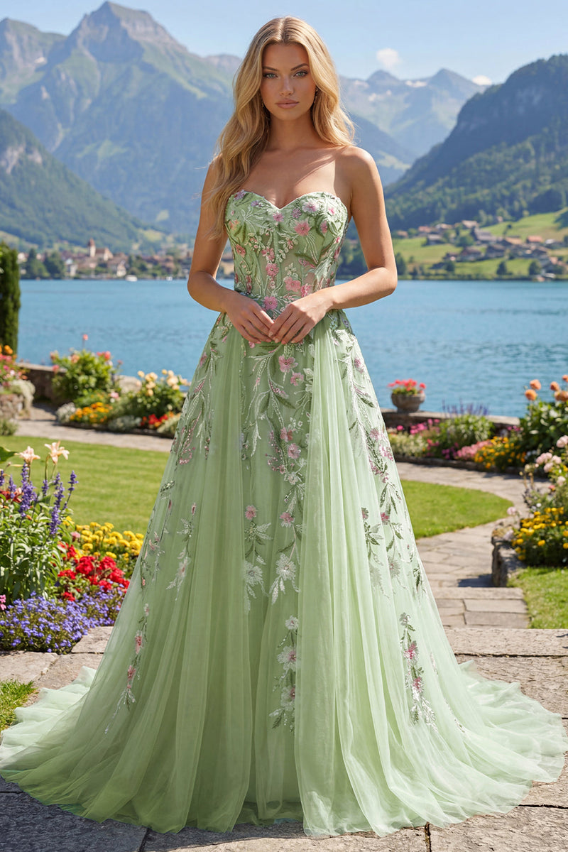 Laden Sie das Bild in den Galerie-Viewer, Trägerloses Grünes Floral Besticktes A-Linie Tüll Abschlussballkleid