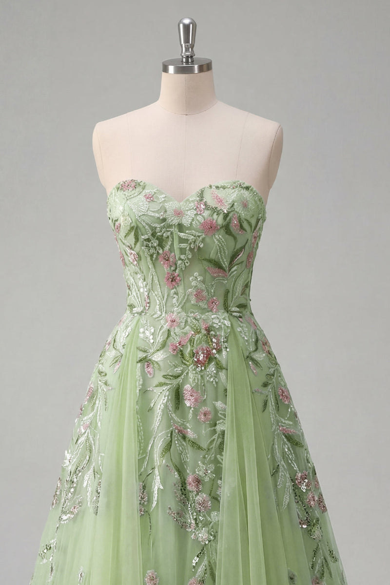 Laden Sie das Bild in den Galerie-Viewer, Trägerloses Grünes Floral Besticktes A-Linie Tüll Abschlussballkleid