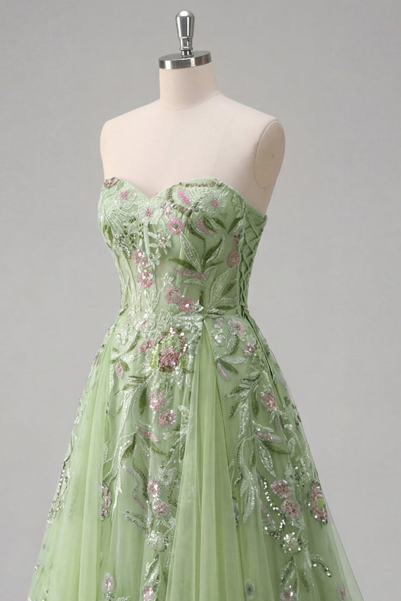 Laden Sie das Bild in den Galerie-Viewer, Trägerloses Grünes Floral Besticktes A-Linie Tüll Abschlussballkleid