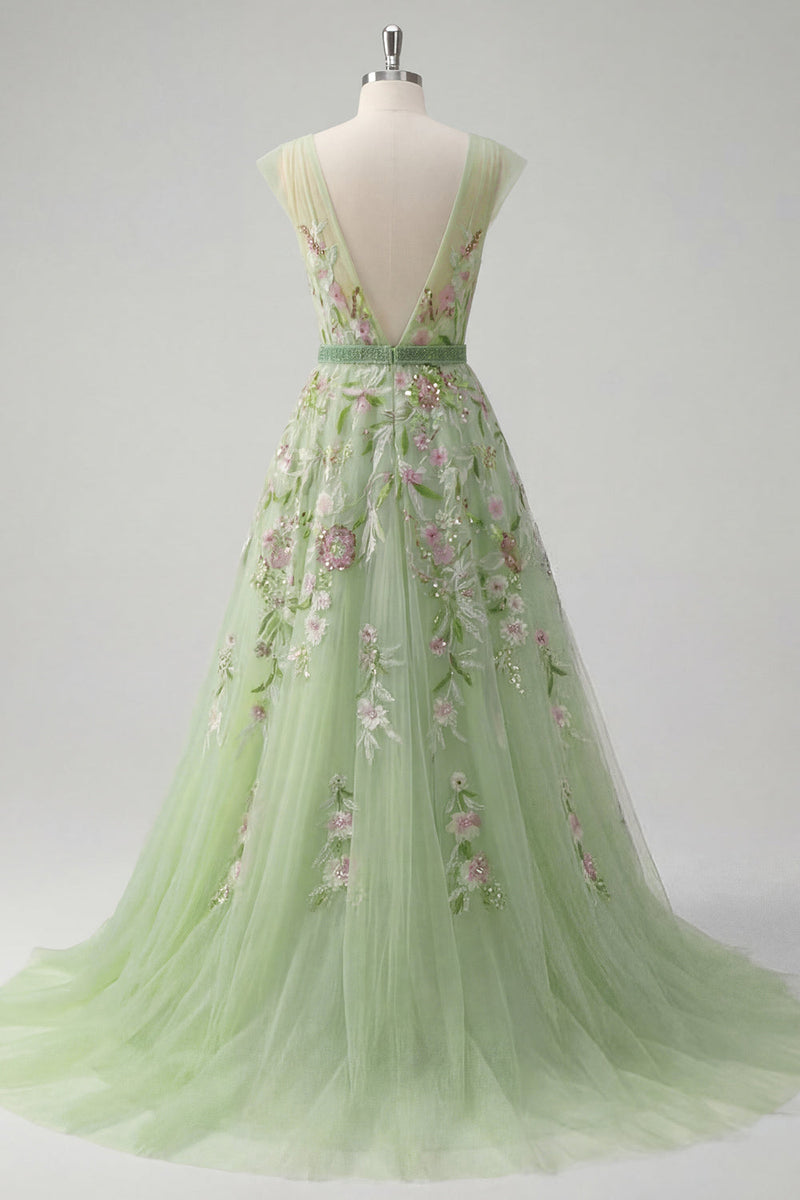 Laden Sie das Bild in den Galerie-Viewer, Grünes V-Ausschnitt-Floral-Sticker-A-Linien-Tüll-Abschlussballkleid
