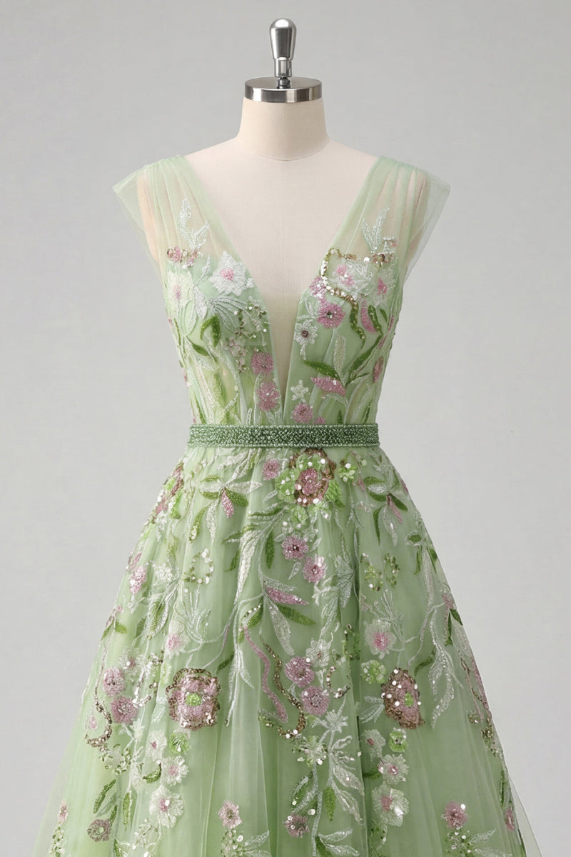 Laden Sie das Bild in den Galerie-Viewer, Grünes V-Ausschnitt-Floral-Sticker-A-Linien-Tüll-Abschlussballkleid