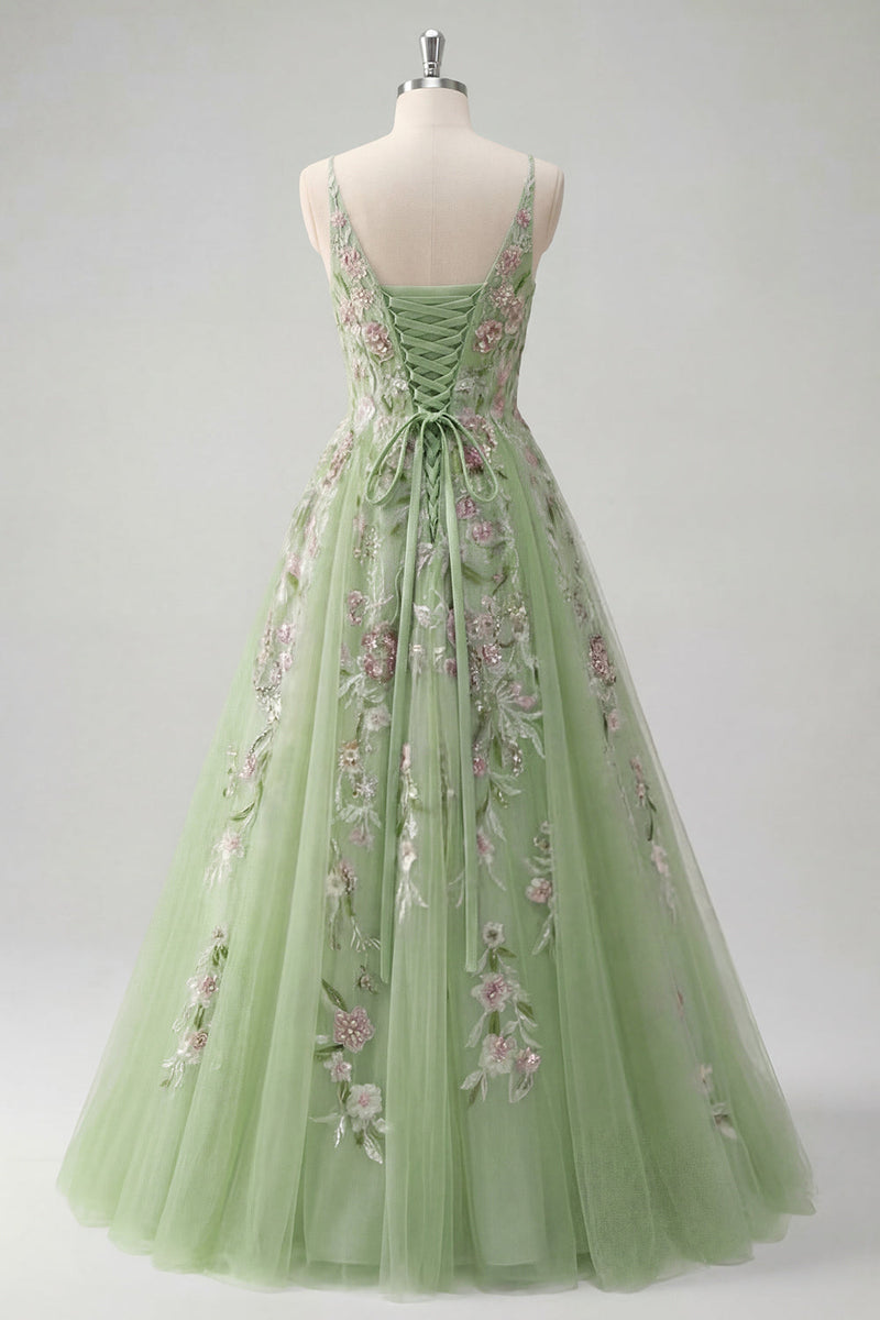 Laden Sie das Bild in den Galerie-Viewer, Grüne Spaghettiträger Blumen-A-Linie Tüll-Abschlussballkleid