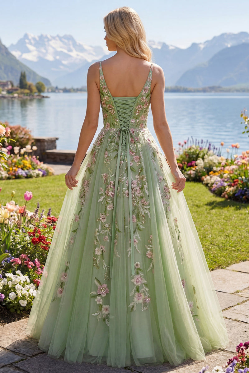 Laden Sie das Bild in den Galerie-Viewer, Grüne Spaghettiträger Blumen-A-Linie Tüll-Abschlussballkleid