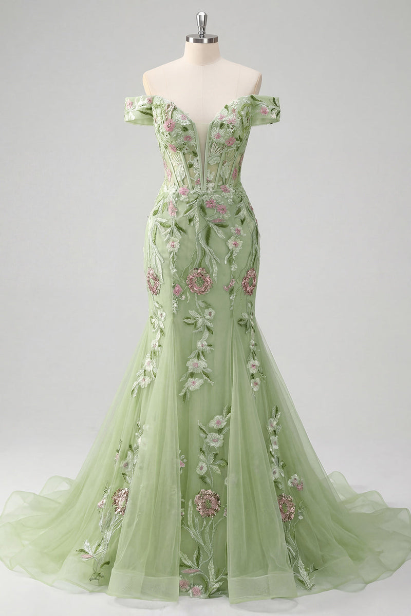 Laden Sie das Bild in den Galerie-Viewer, Off-the-shoulder grünes Meerjungfrauen-Besticktes Tüll-Abschlussballkleid