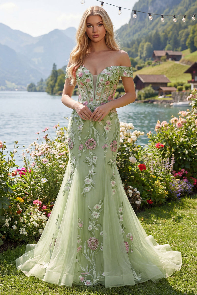 Laden Sie das Bild in den Galerie-Viewer, Off-the-shoulder grünes Meerjungfrauen-Besticktes Tüll-Abschlussballkleid