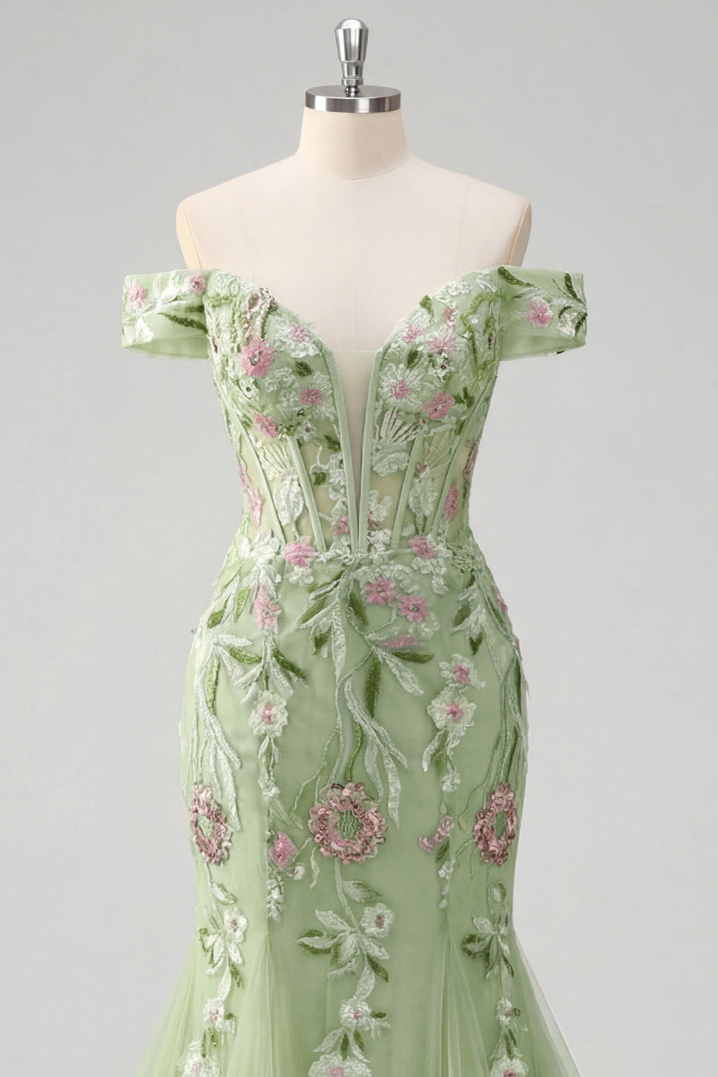 Laden Sie das Bild in den Galerie-Viewer, Off-the-shoulder grünes Meerjungfrauen-Besticktes Tüll-Abschlussballkleid