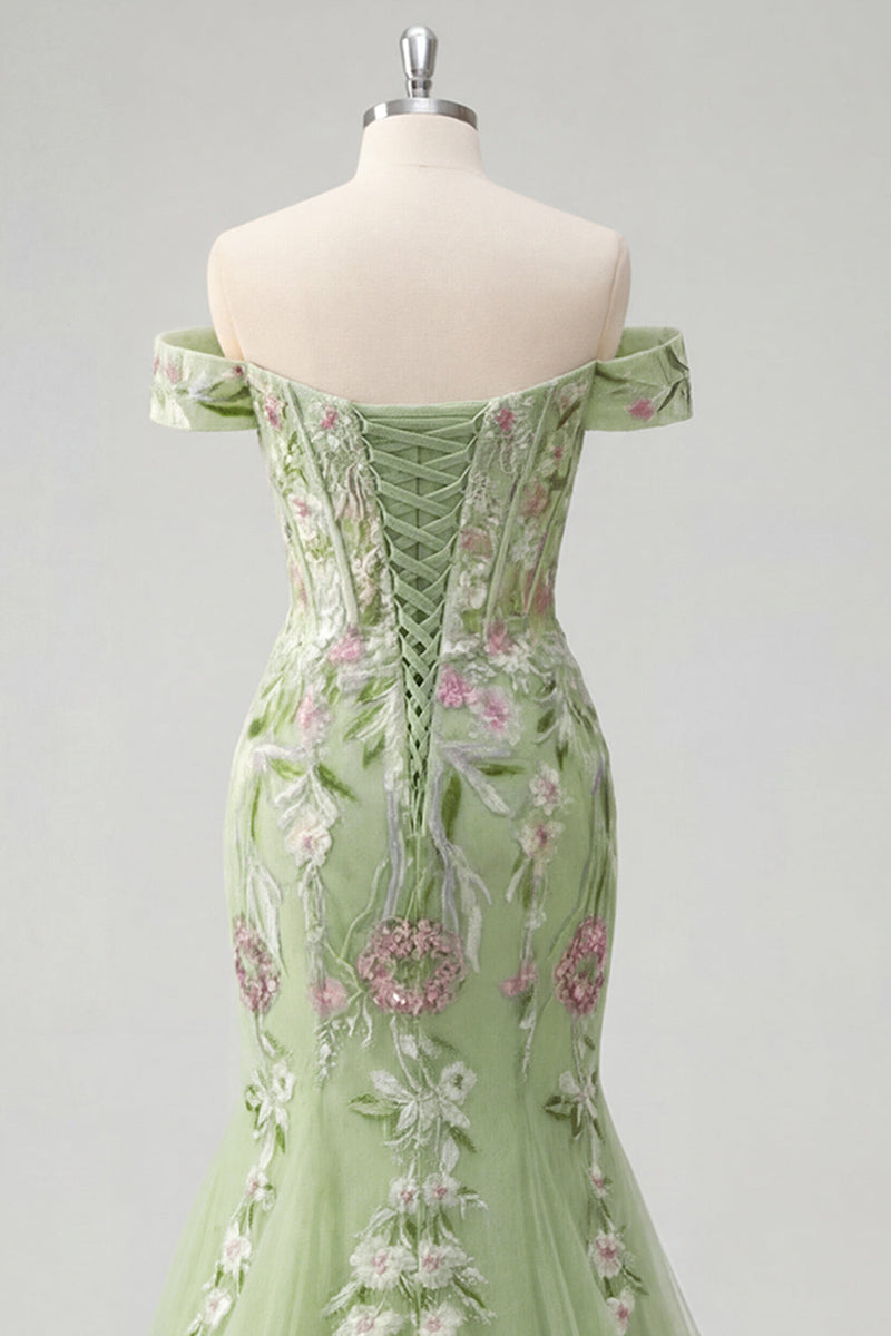 Laden Sie das Bild in den Galerie-Viewer, Off-the-shoulder grünes Meerjungfrauen-Besticktes Tüll-Abschlussballkleid