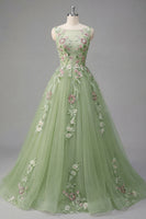Laden Sie das Bild in den Galerie-Viewer, Grüner Blumen-Bateau-Ausschnitt A-Linie appliquiertes Abschlussballkleid