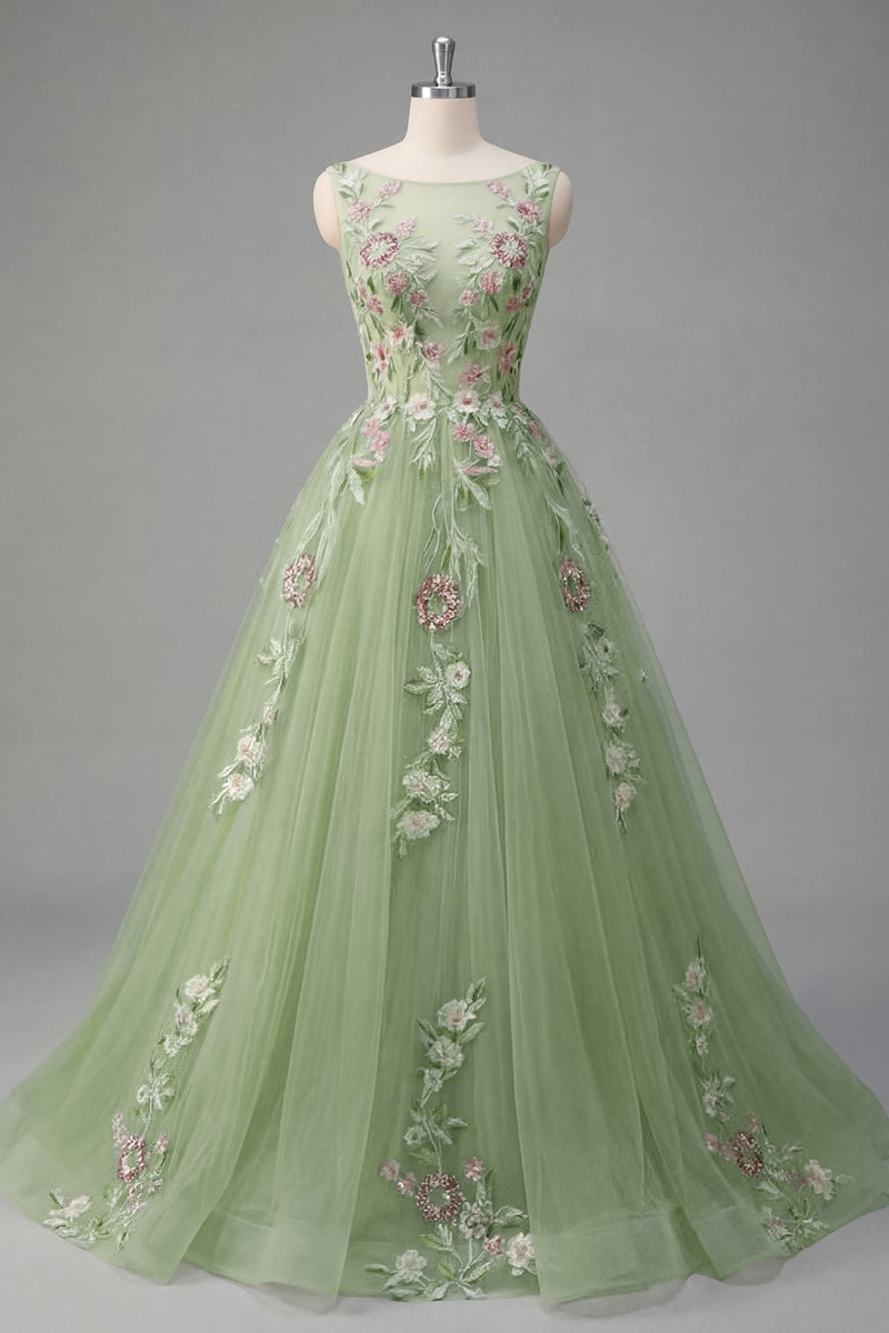 Laden Sie das Bild in den Galerie-Viewer, Grüner Blumen-Bateau-Ausschnitt A-Linie appliquiertes Abschlussballkleid