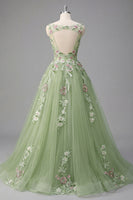 Laden Sie das Bild in den Galerie-Viewer, Grüner Blumen-Bateau-Ausschnitt A-Linie appliquiertes Abschlussballkleid