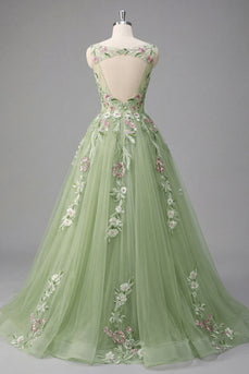 Grüner Blumen-Bateau-Ausschnitt A-Linie appliquiertes Abschlussballkleid