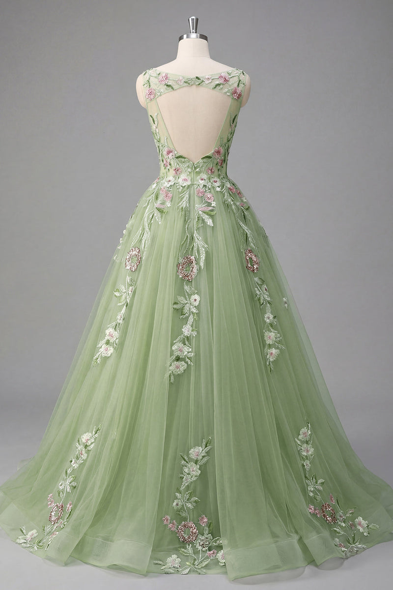 Laden Sie das Bild in den Galerie-Viewer, Grüner Blumen-Bateau-Ausschnitt A-Linie appliquiertes Abschlussballkleid