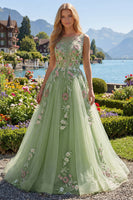 Laden Sie das Bild in den Galerie-Viewer, Grüner Blumen-Bateau-Ausschnitt A-Linie appliquiertes Abschlussballkleid