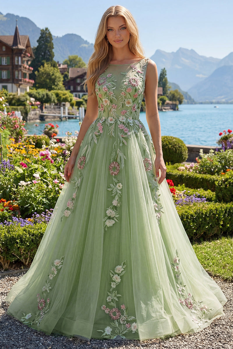 Laden Sie das Bild in den Galerie-Viewer, Grüner Blumen-Bateau-Ausschnitt A-Linie appliquiertes Abschlussballkleid