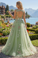 Laden Sie das Bild in den Galerie-Viewer, Grüner Blumen-Bateau-Ausschnitt A-Linie appliquiertes Abschlussballkleid