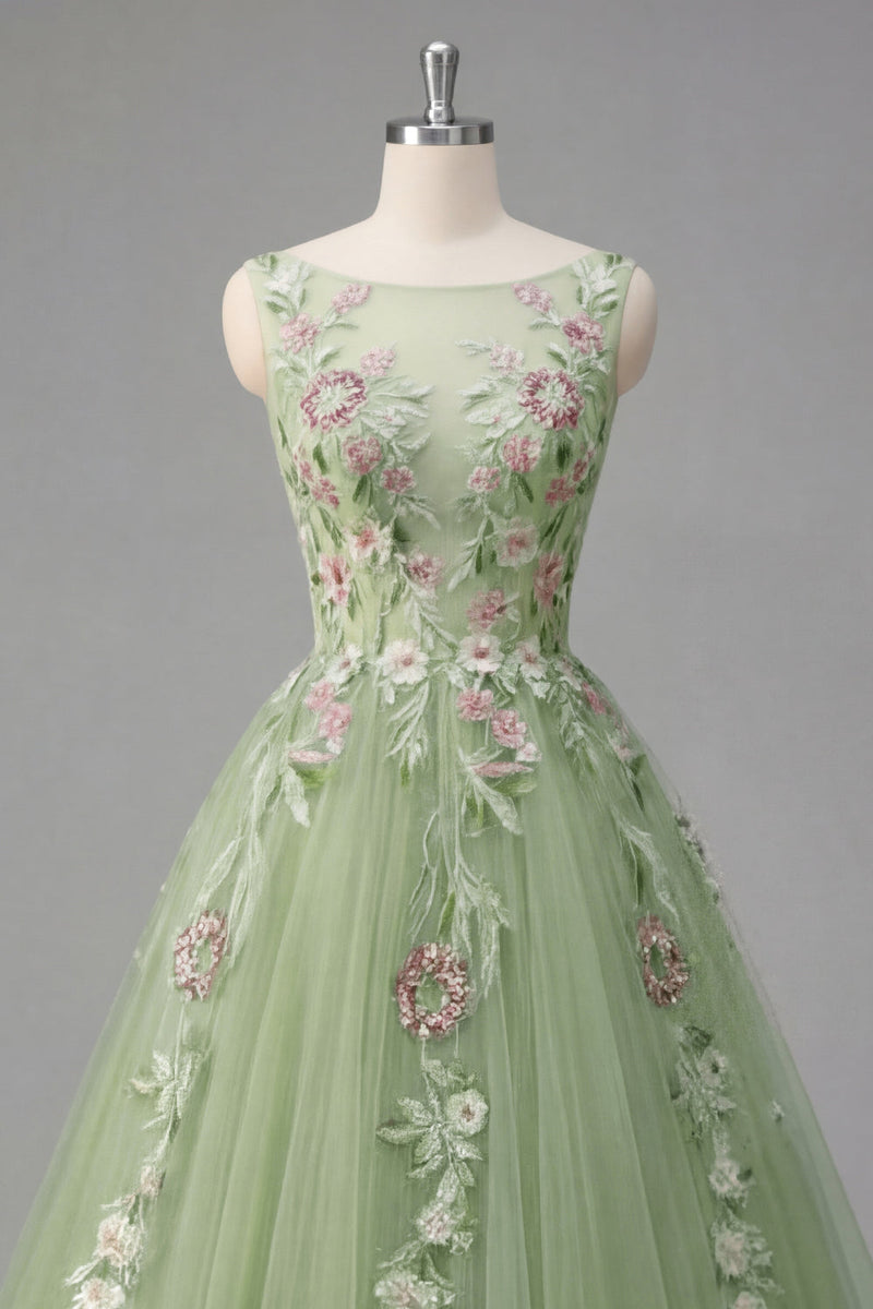 Laden Sie das Bild in den Galerie-Viewer, Grüner Blumen-Bateau-Ausschnitt A-Linie appliquiertes Abschlussballkleid