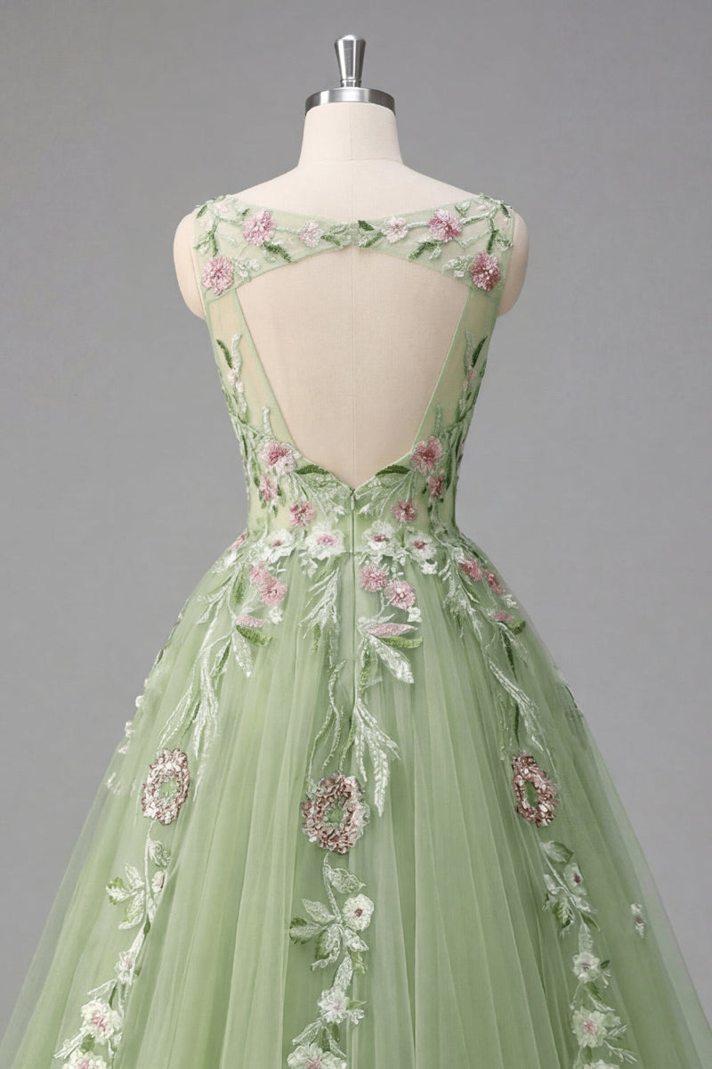 Laden Sie das Bild in den Galerie-Viewer, Grüner Blumen-Bateau-Ausschnitt A-Linie appliquiertes Abschlussballkleid