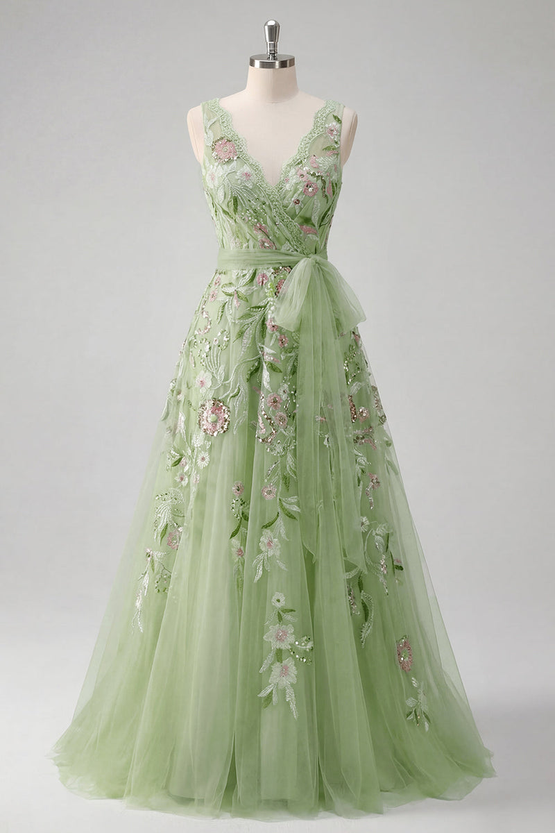 Laden Sie das Bild in den Galerie-Viewer, Grünes florales V-Ausschnitt A-Linie-Applikiertes Abschlussballkleid