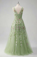 Laden Sie das Bild in den Galerie-Viewer, Grünes florales V-Ausschnitt A-Linie-Applikiertes Abschlussballkleid