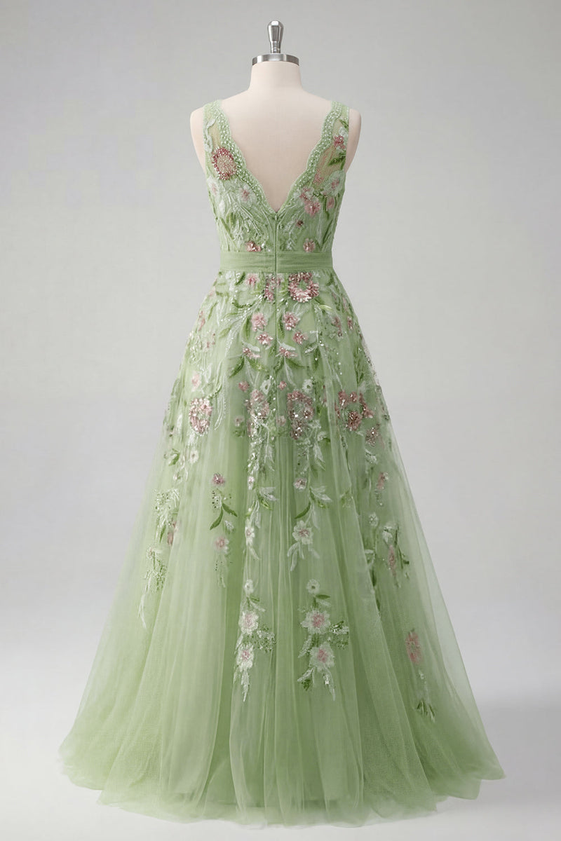 Laden Sie das Bild in den Galerie-Viewer, Grünes florales V-Ausschnitt A-Linie-Applikiertes Abschlussballkleid