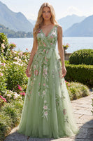 Laden Sie das Bild in den Galerie-Viewer, Grünes florales V-Ausschnitt A-Linie-Applikiertes Abschlussballkleid