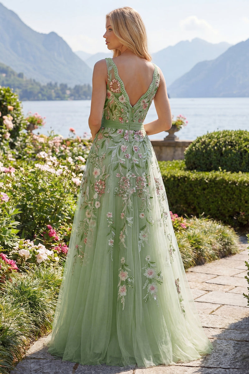Laden Sie das Bild in den Galerie-Viewer, Grünes florales V-Ausschnitt A-Linie-Applikiertes Abschlussballkleid